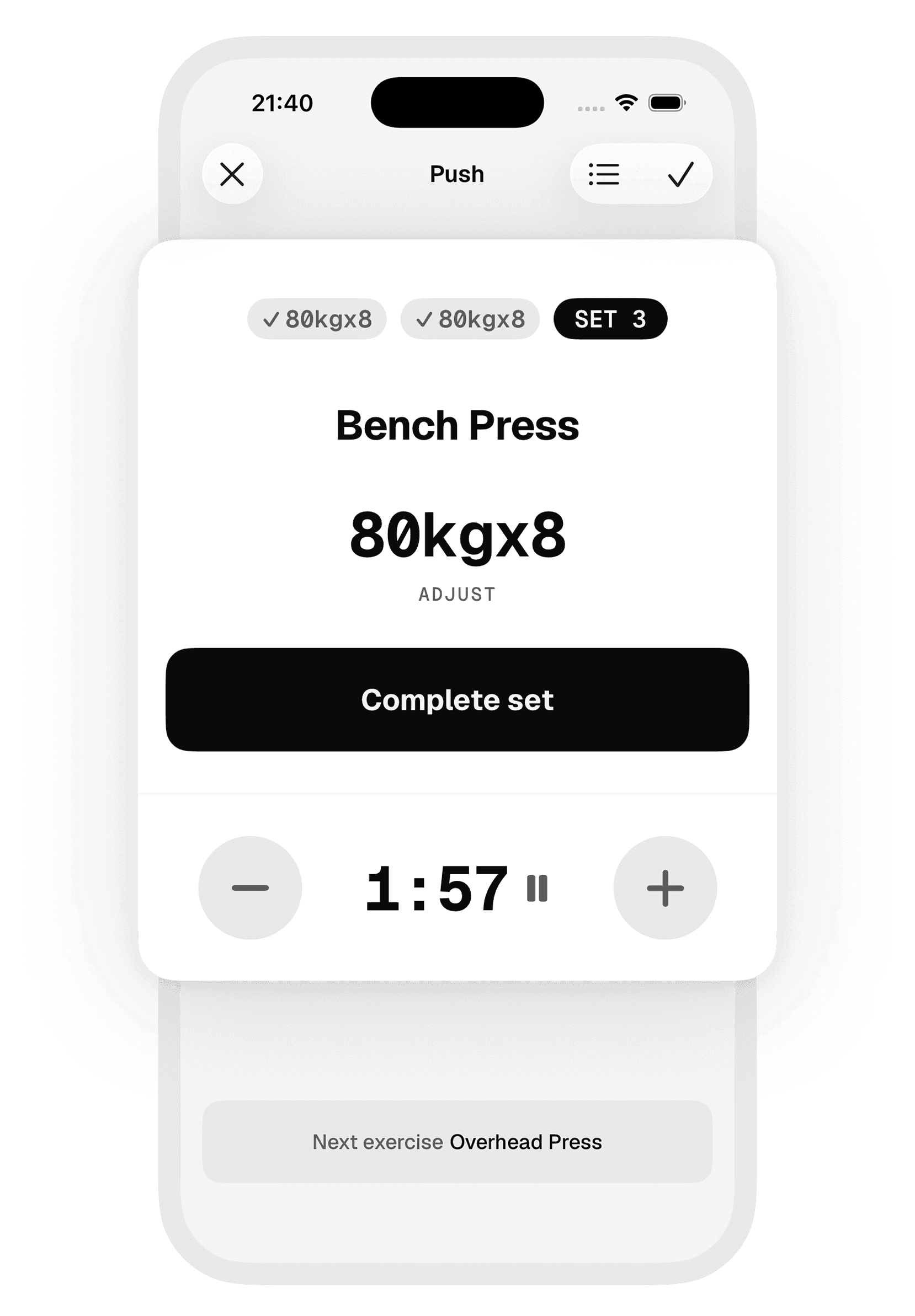 Unit — active workout: Bench Press 80 kg × 8 from last time, one tap to complete the set