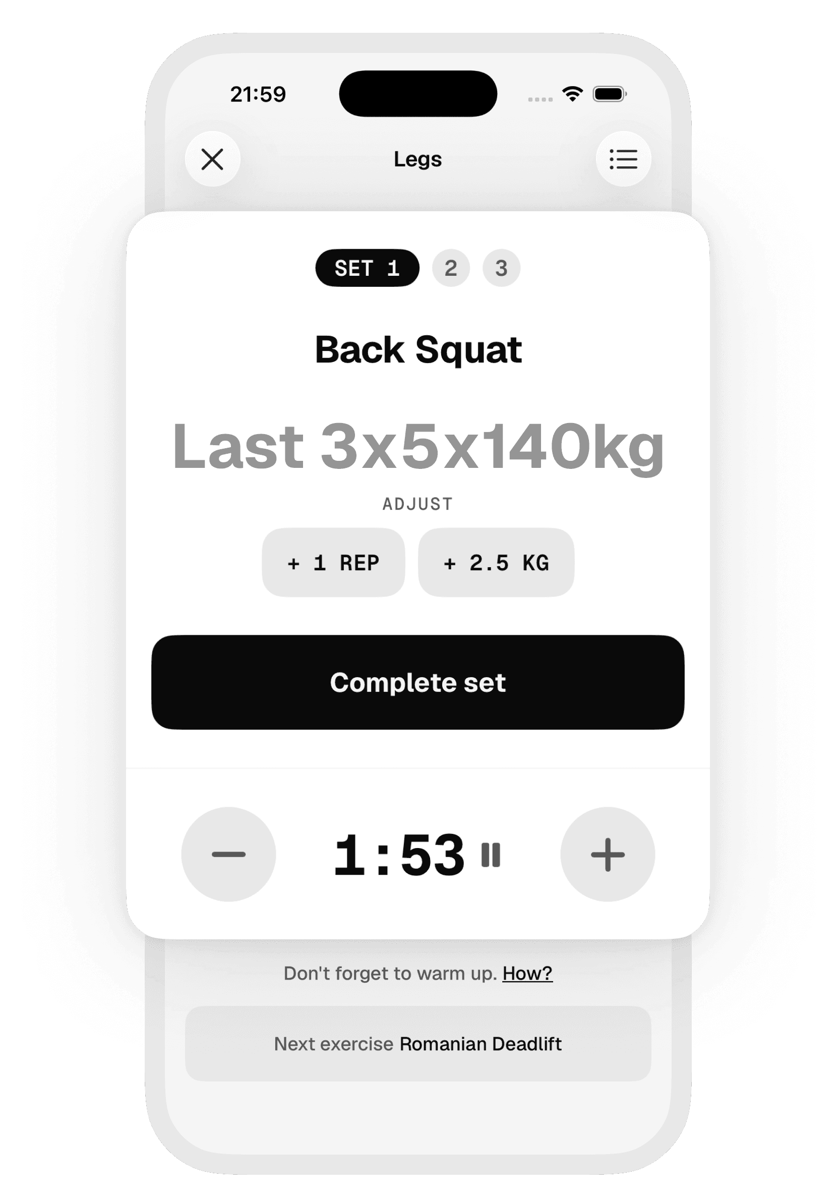 Unit — active set showing last time: 3×5×140 kg, ready to confirm
