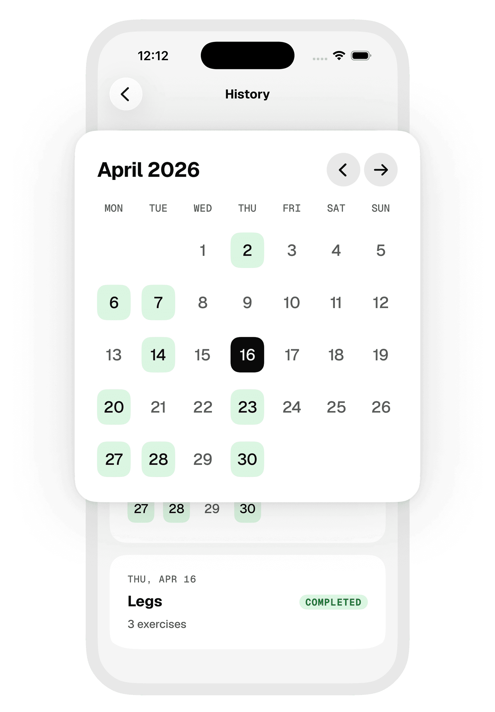 Unit — history calendar, April 2026, logged days highlighted