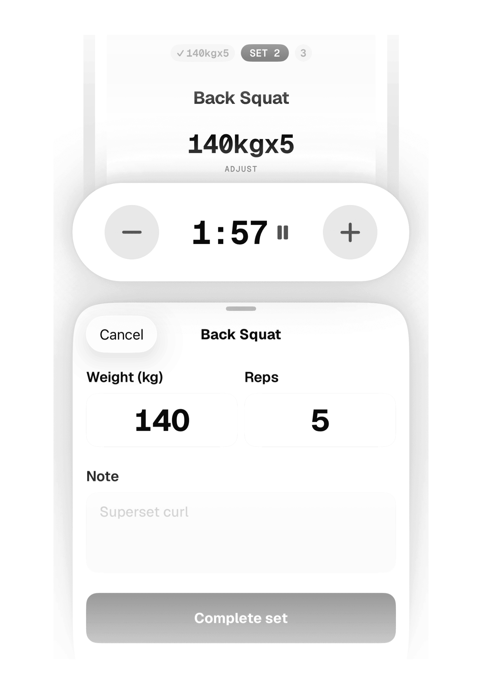 Unit — rest timer running at 1:57 with the set editor below